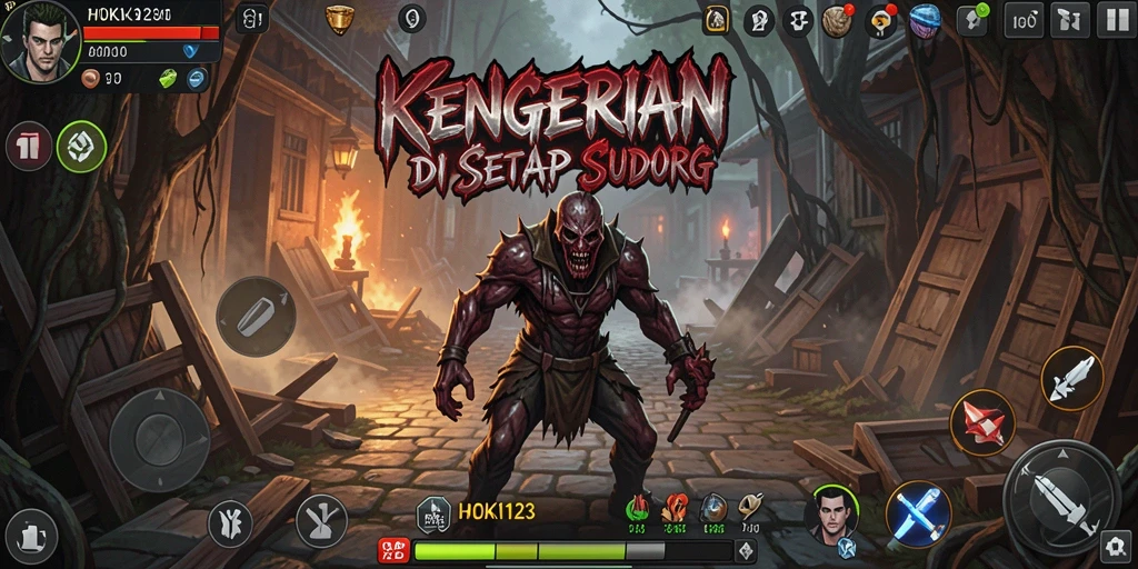 Tangkapan layar gameplay HOKI123 menunjukkan suasana menegangkan dan kegelapan yang pekat.