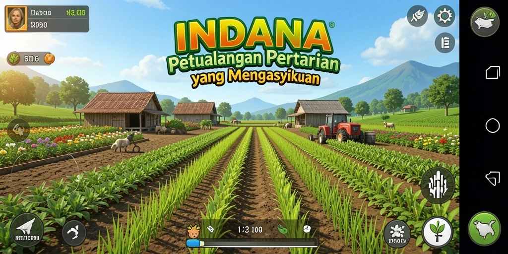 Screenshot utama gameplay INDAAA menampilkan ladang yang indah dengan berbagai tanaman.