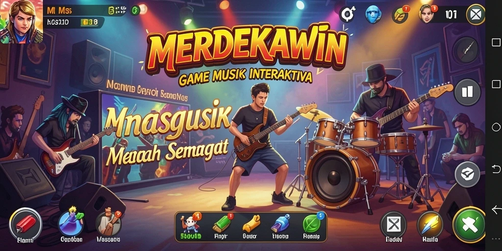 Tangkapan layar gameplay MERDEKAWIN menunjukkan interaksi bermain musik yang seru.