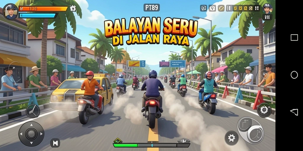 Tampilan gameplay PT89 yang seru dan menegangkan saat balapan.