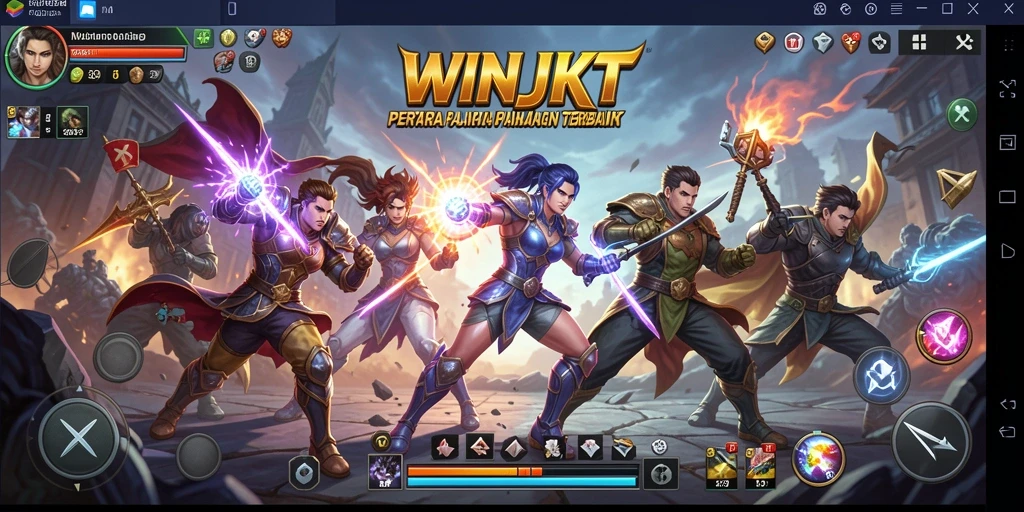 Tangkapan layar gameplay <strong>WINJKT</strong> menampilkan pertarungan seru antara pahlawan di arena.